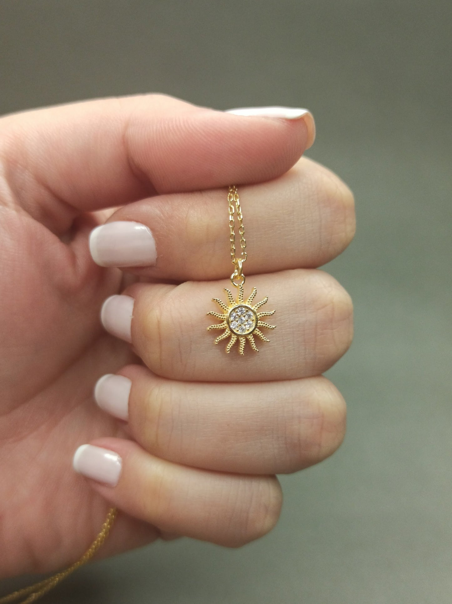 Mini Güneş Kolye, Zirkon Taşlı - Gümüş
