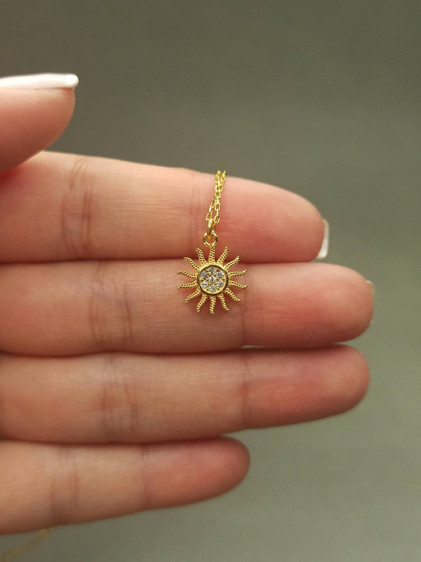 Mini Güneş Kolye, Zirkon Taşlı - Gümüş