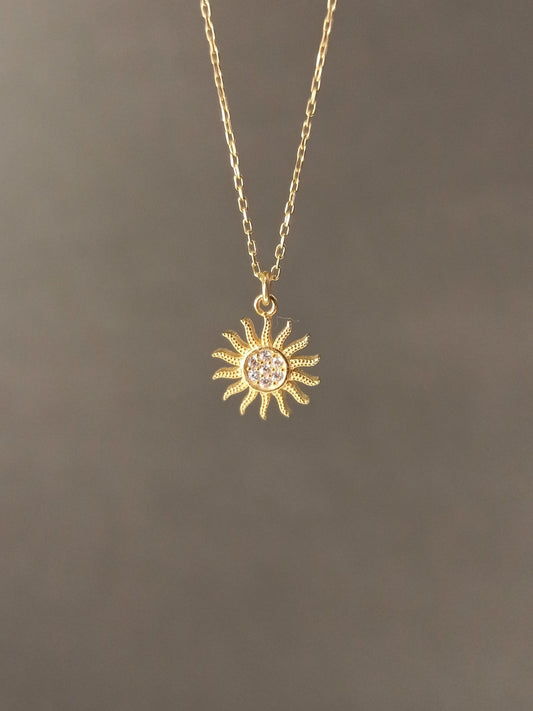 Mini Güneş Kolye, Zirkon Taşlı - Gümüş