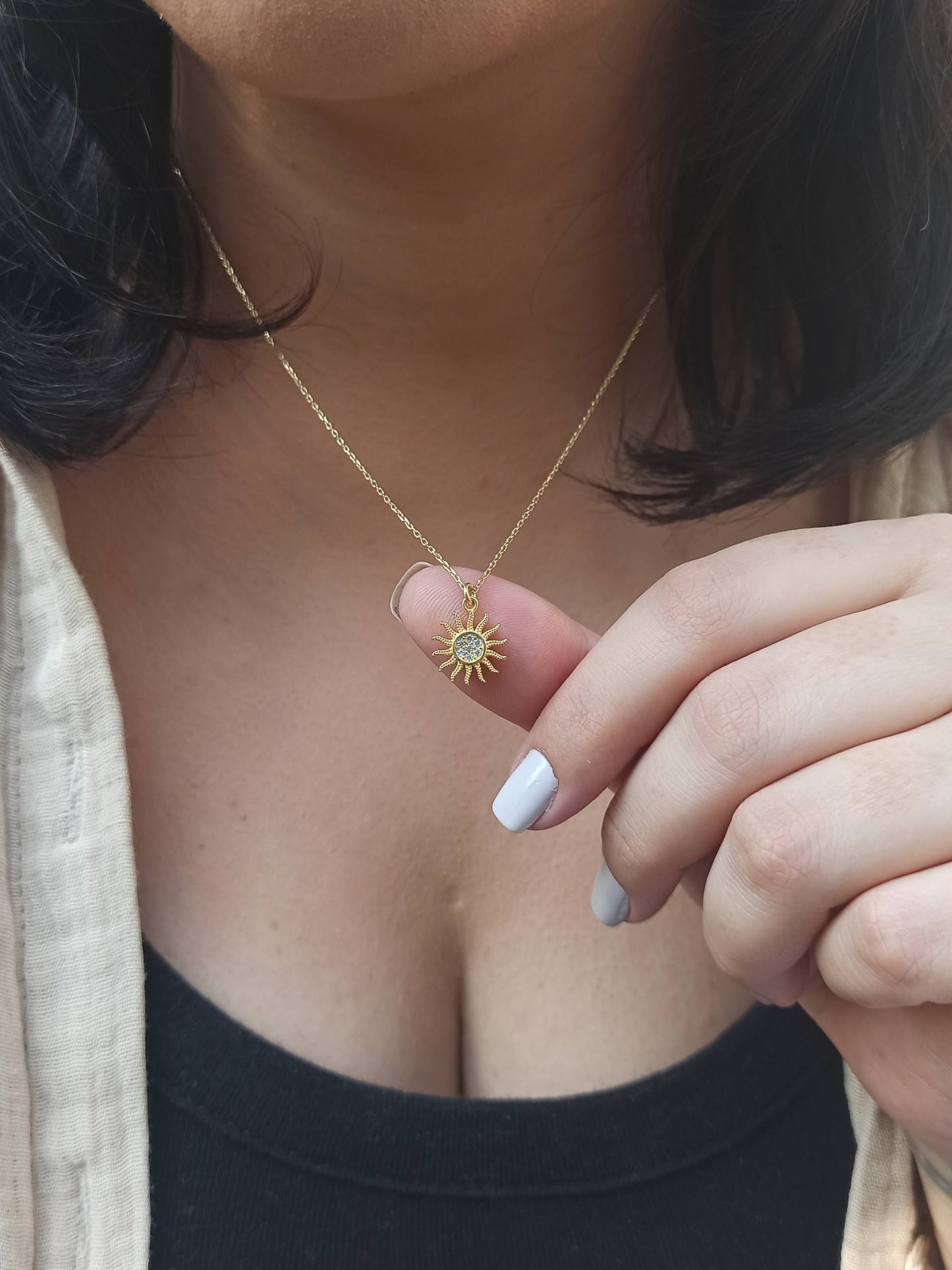 Mini Güneş Kolye, Zirkon Taşlı - Gümüş