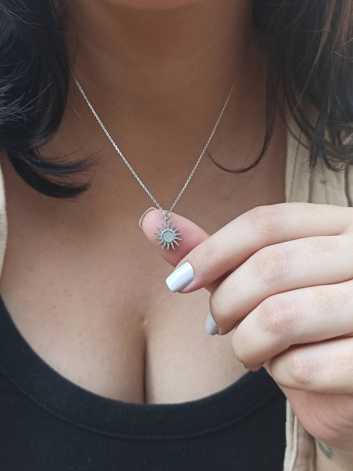 Mini Güneş Kolye, Zirkon Taşlı - Gümüş