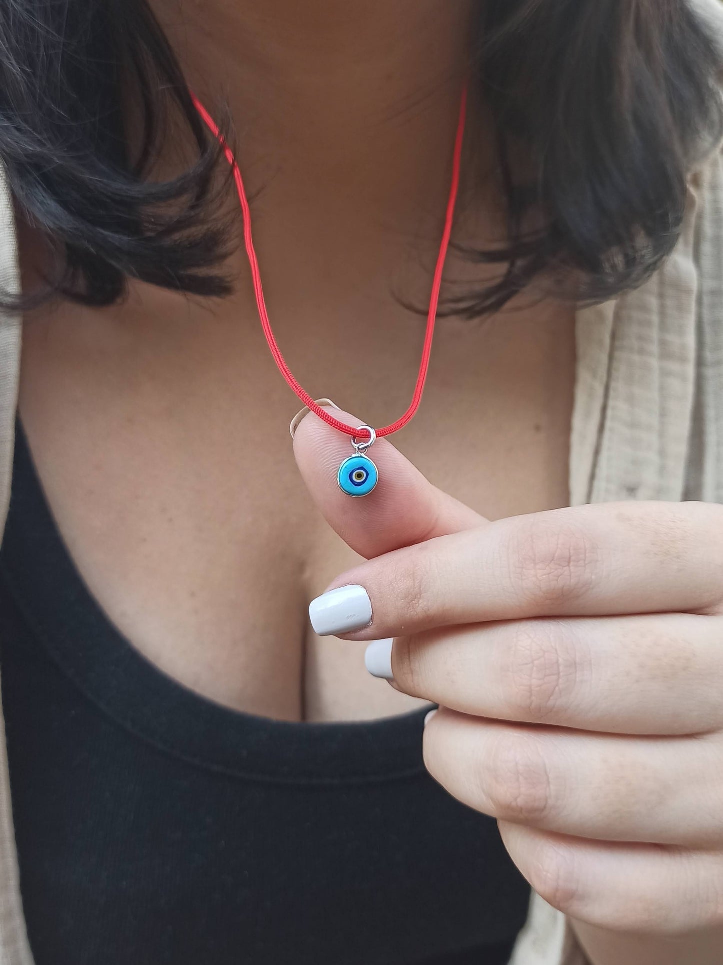 Nazar Boncuklu Kırmızı İp Kolye, 925 Gümüş Altın Kaplama