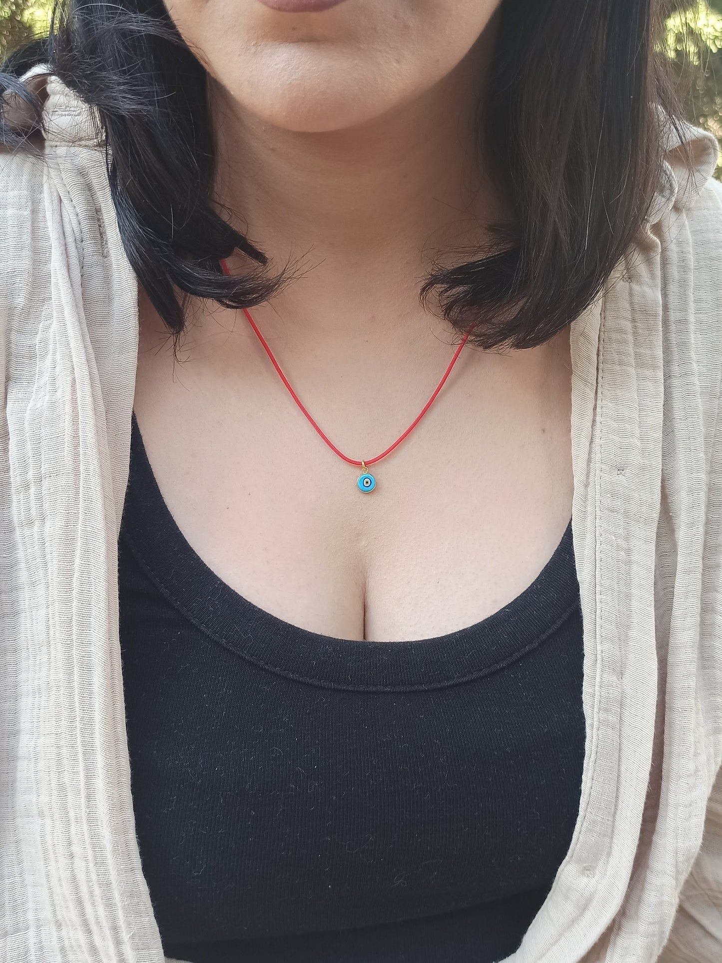 Nazar Boncuklu Kırmızı İp Kolye, 925 Gümüş Altın Kaplama