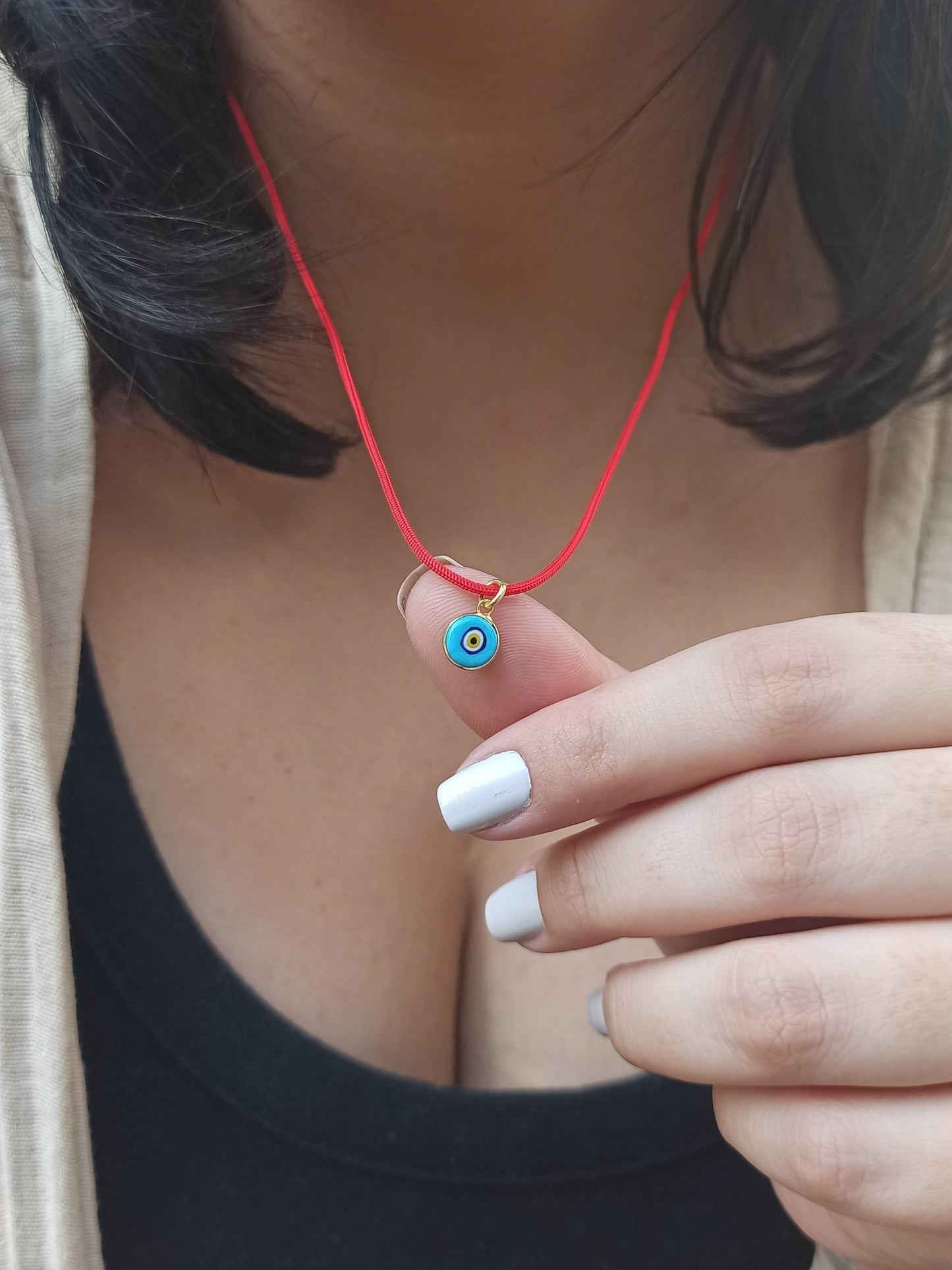 Nazar Boncuklu Kırmızı İp Kolye, 925 Gümüş Altın Kaplama