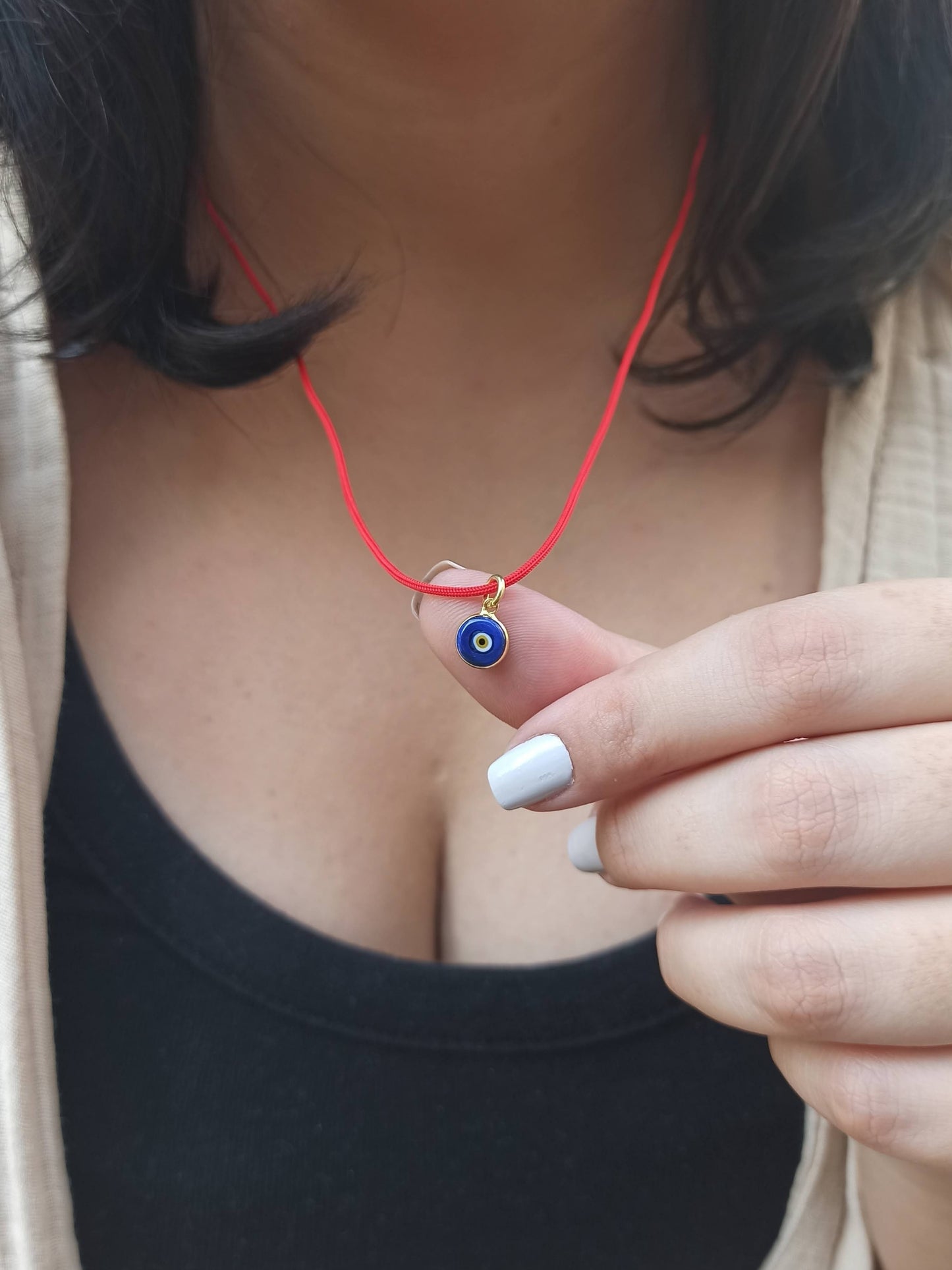 Nazar Boncuklu Kırmızı İp Kolye, 925 Gümüş Altın Kaplama