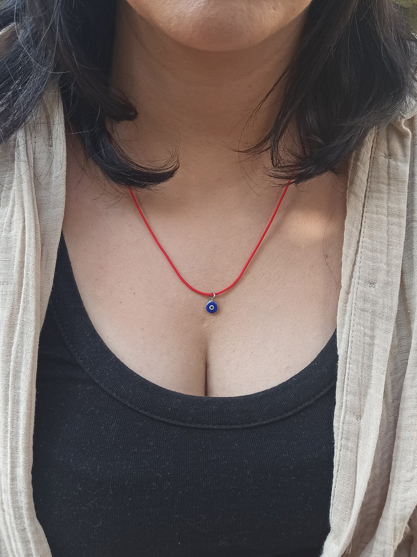 Nazar Boncuklu Kırmızı İp Kolye, 925 Gümüş Altın Kaplama