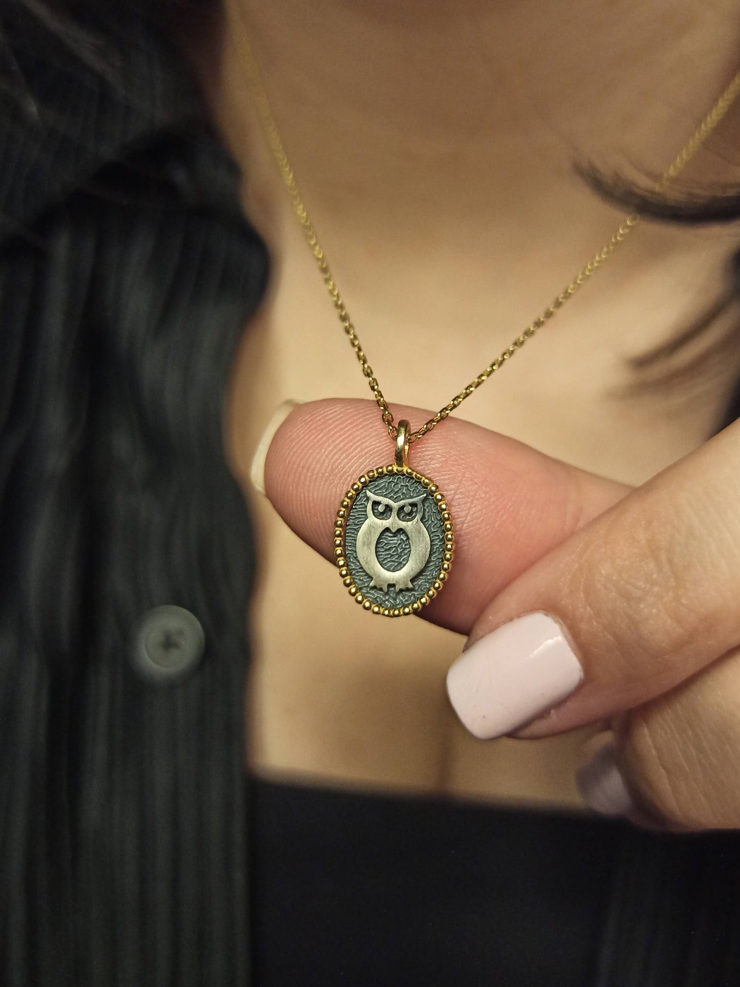 Gümüş Baykuş Mini Madalyon Kolye