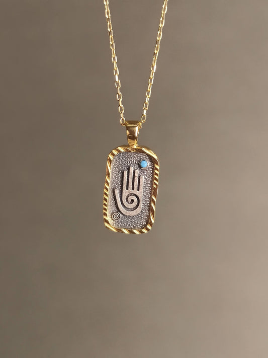 Gümüş Turkuaz Taşlı Fatma'nın Eli Madalyon Kolye