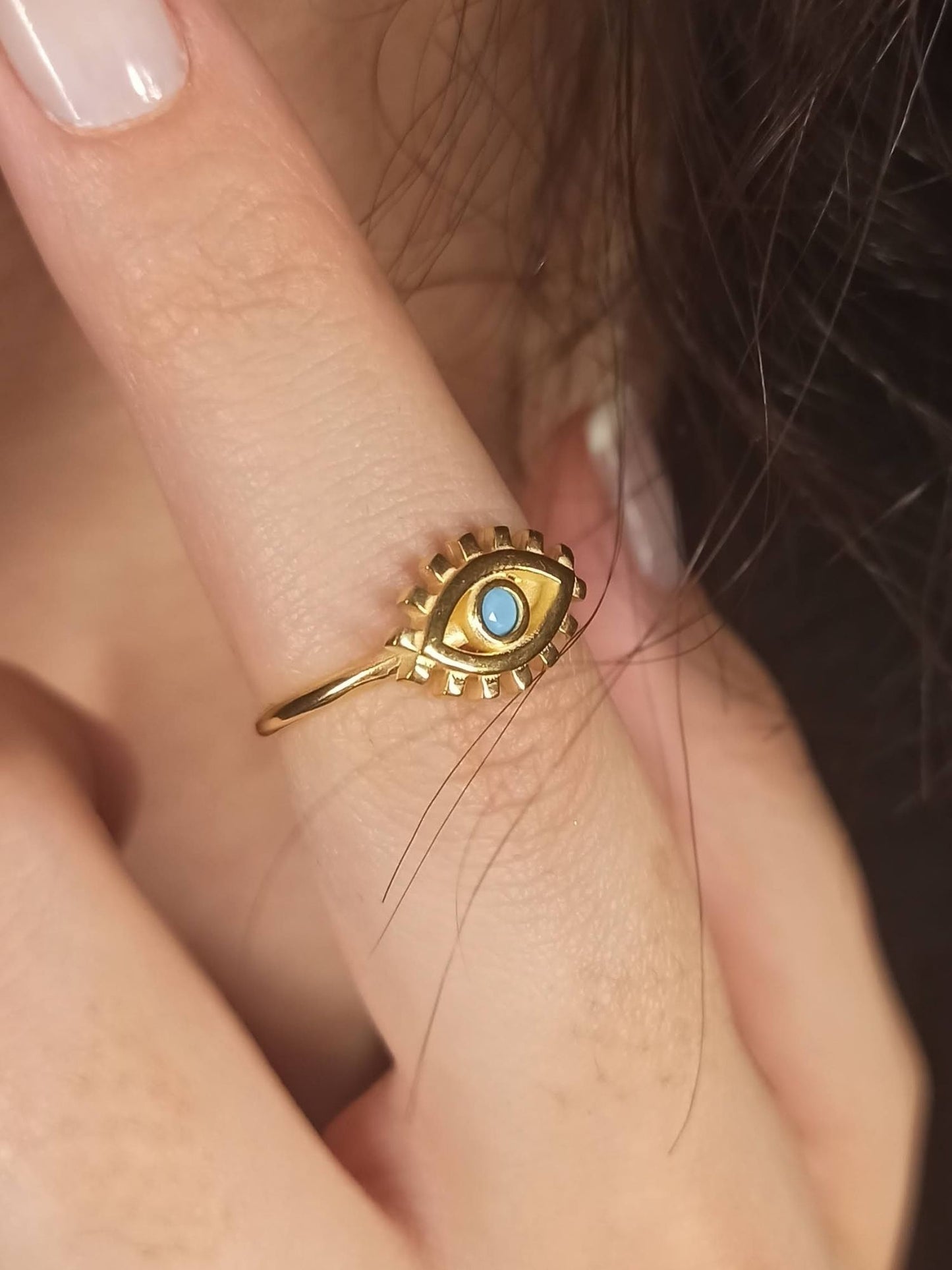 Minimalist Turkuaz Taşlı Göz Yüzük, Ayarlanabilir