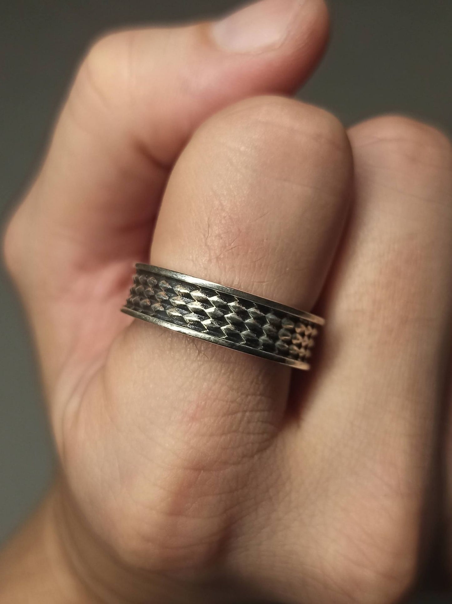 Gümüş Ejderha Derisi Yüzük, Ayarlanabilir Motifli Erkek Yüzüğü