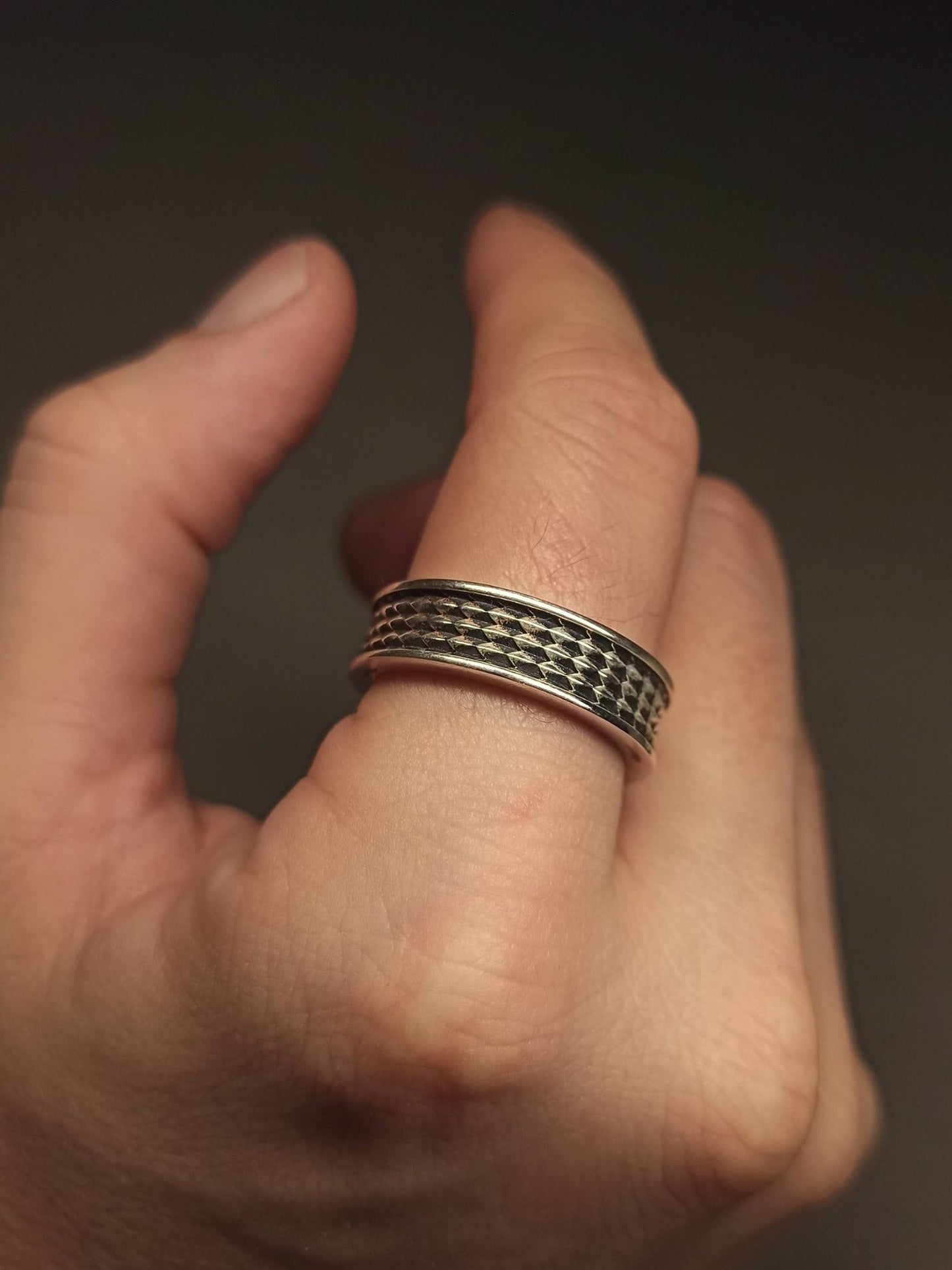 Gümüş Ejderha Derisi Yüzük, Ayarlanabilir Motifli Erkek Yüzüğü