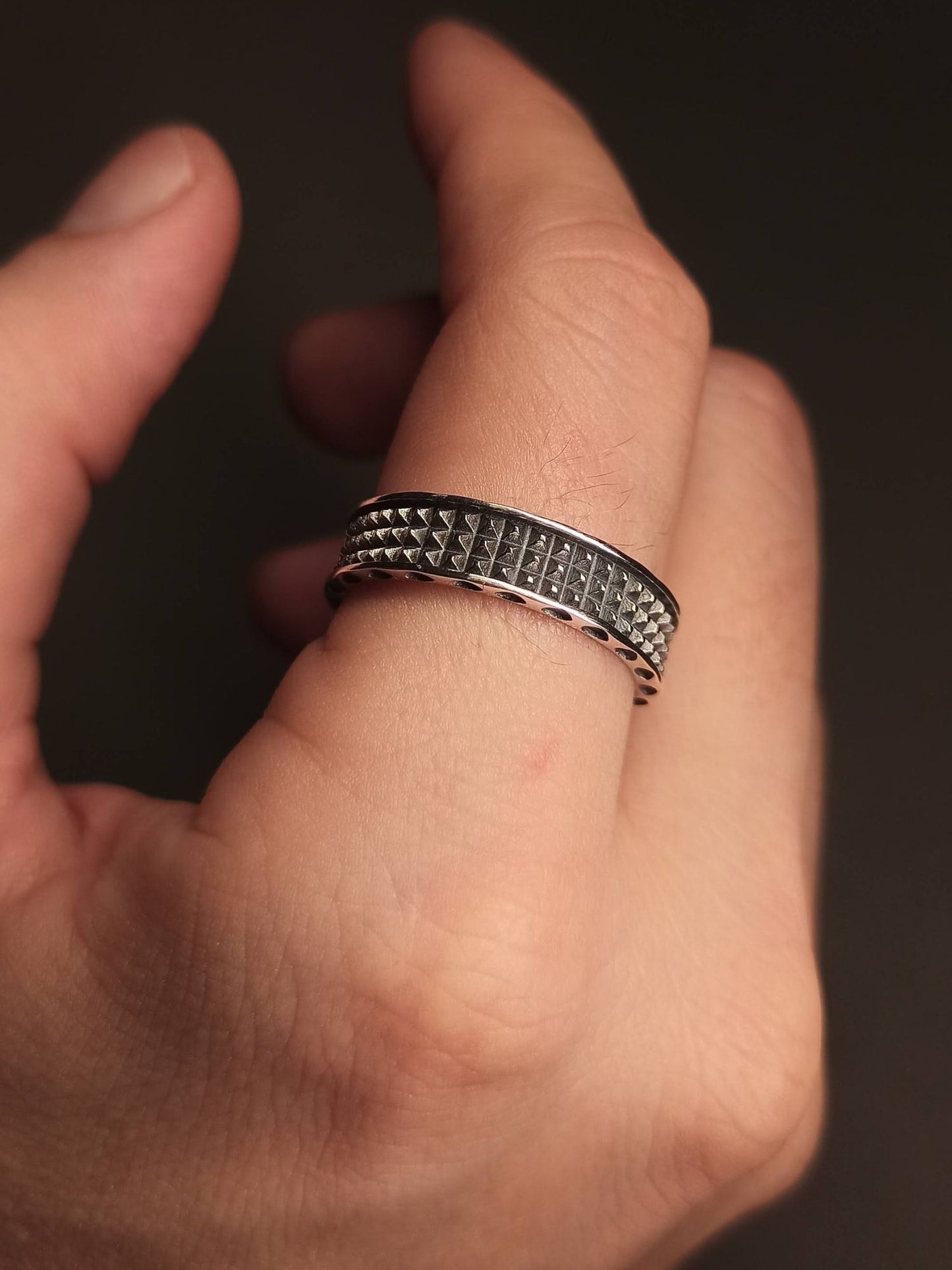 Piramit Motifli Gümüş Erkek Yüzüğü, Ayarlanabilir