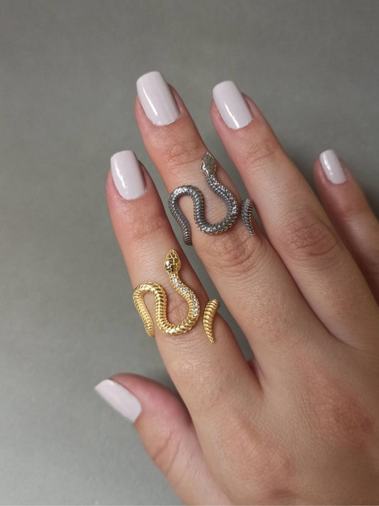 Zirkon Taşlı S-Form Yılan Yüzük, Ayarlanabilir